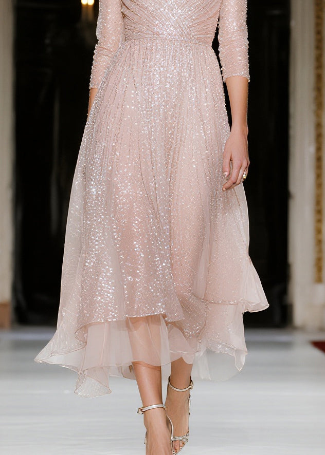 Fashion Nude Sequins V Neck Tulle Vacation Dresses Summer