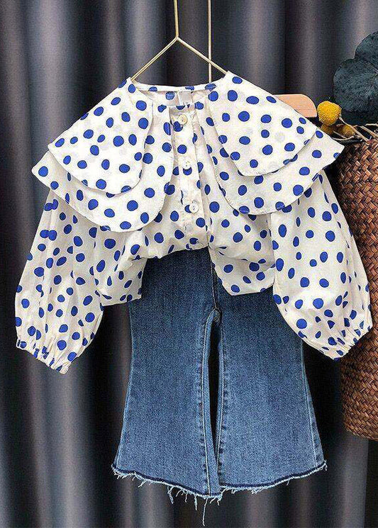 Fashion O-Neck Dot Print Kids Shirts And Jeans Two Piece Set Fall
