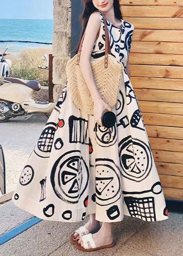 Fashion O Neck Graffiti Print Cotton Long Dress Sleeveless