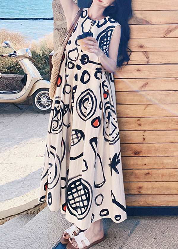 Fashion O Neck Graffiti Print Cotton Long Dress Sleeveless