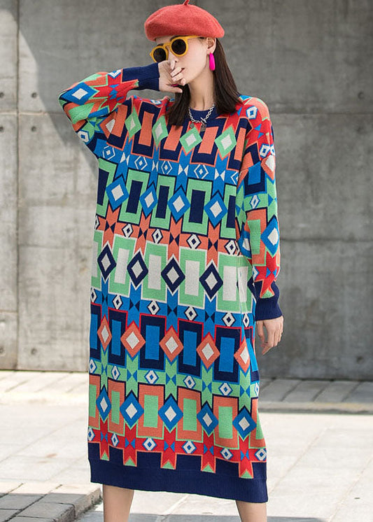 Modische O-Ausschnitt Karomuster Herbst Strick Langarm Kleider