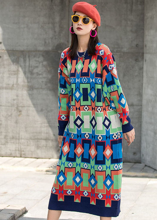 Modische O-Ausschnitt Karomuster Herbst Strick Langarm Kleider