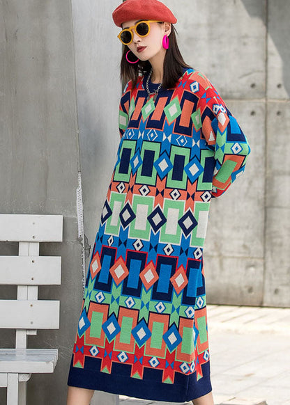 Modische O-Ausschnitt Karomuster Herbst Strick Langarm Kleider