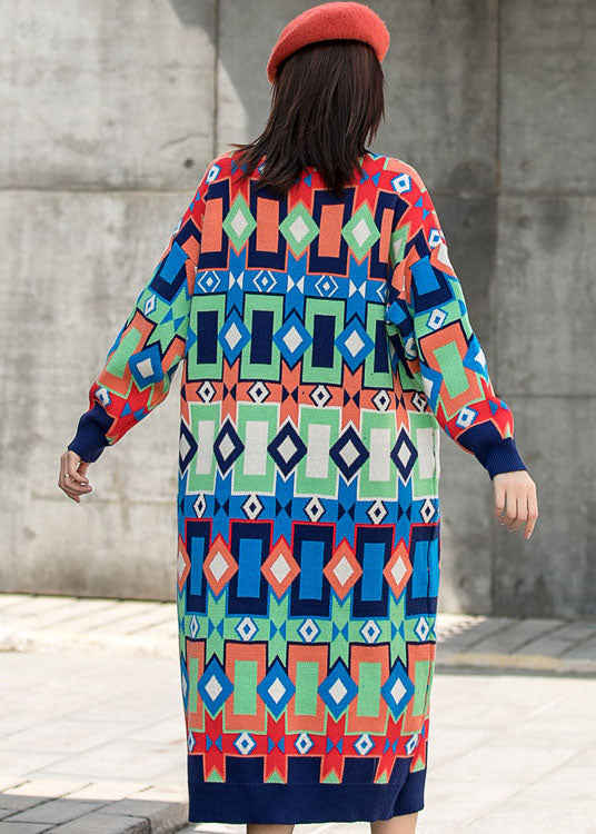 Modische O-Ausschnitt Karomuster Herbst Strick Langarm Kleider