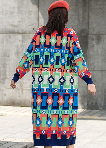 Modische O-Ausschnitt Karomuster Herbst Strick Langarm Kleider