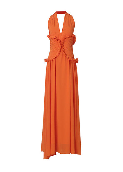 Fashion Orange Backless Ruffled Patchwork Chiffon Dress Sleeveless