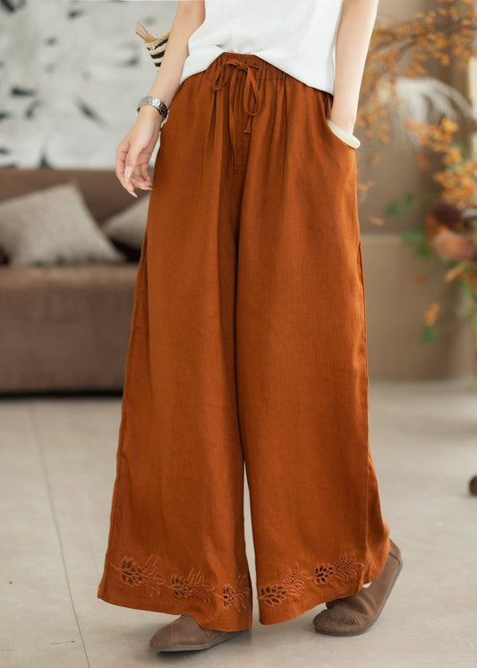 Fashion Orange Embroidered Oversized Linen Wide Leg Pants Summer