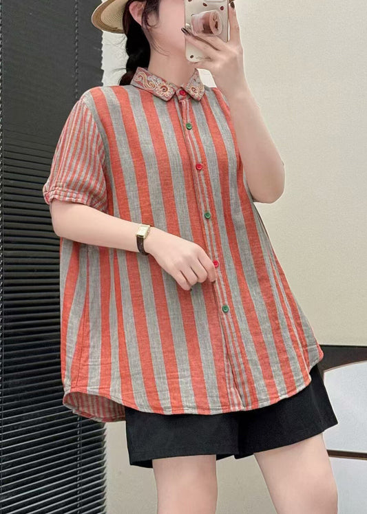 Fashion Orange Embroidered Striped Linen Blouses Summer