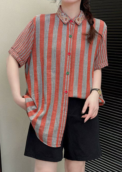 Fashion Orange Embroidered Striped Linen Blouses Summer
