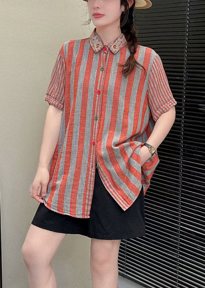 Fashion Orange Embroidered Striped Linen Blouses Summer