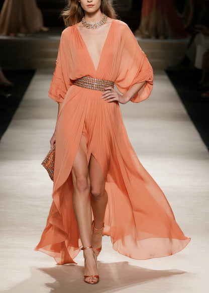 Fashion Orange Exra Large Hem Side Open Tulle Maxi Dress Summer