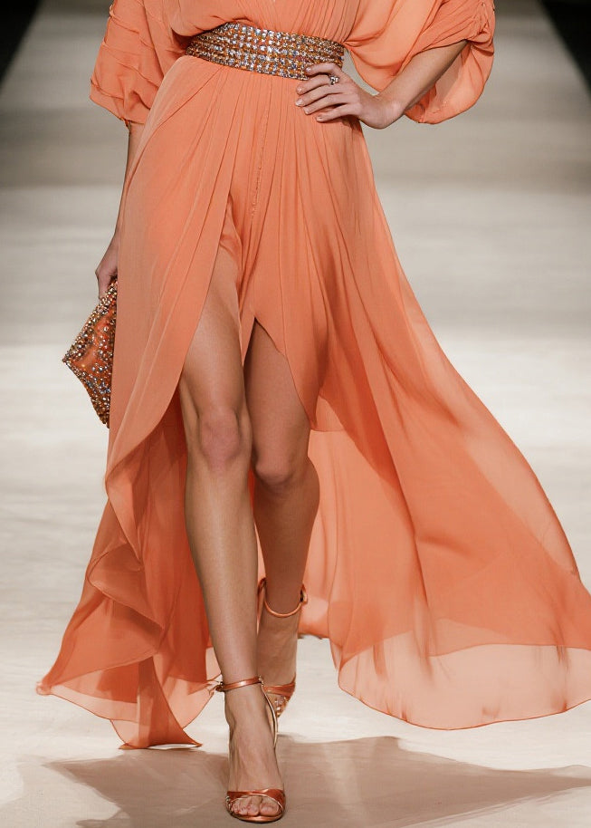 Fashion Orange Exra Large Hem Side Open Tulle Maxi Dress Summer