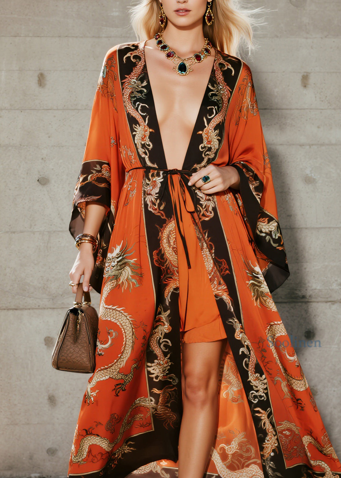 Fashion Orange V Neck Print Chiffon Loose Cardigans Summer