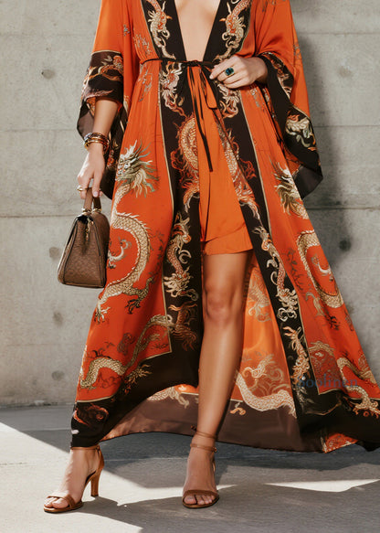 Fashion Orange V Neck Print Chiffon Loose Cardigans Summer