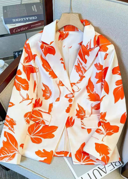 Fashion Peter Pan Collar Button Print Satin Blazer Jackets Coat Fall