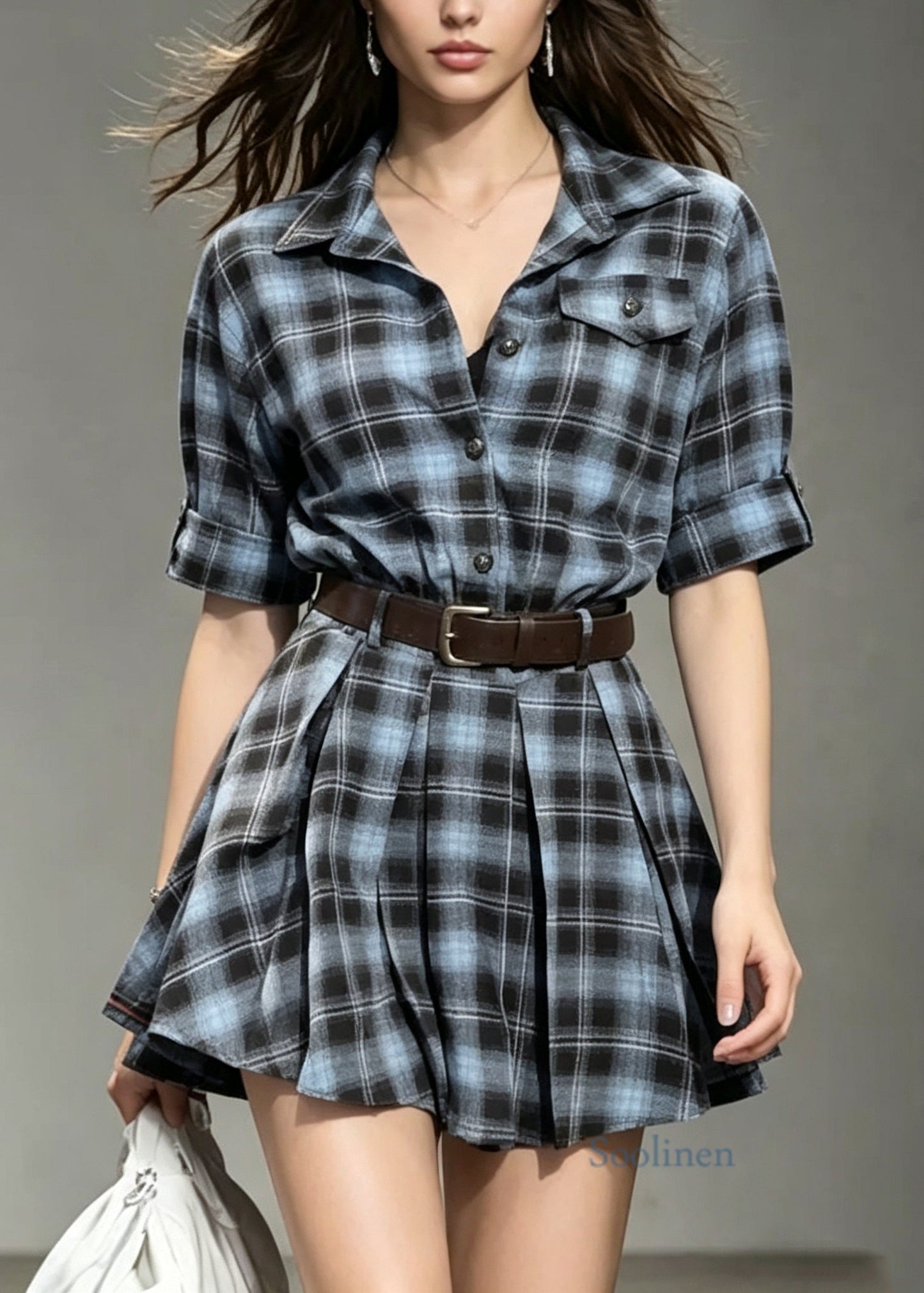 Fashion Peter Pan Collar Plaid Cotton Shirts Dress Summer