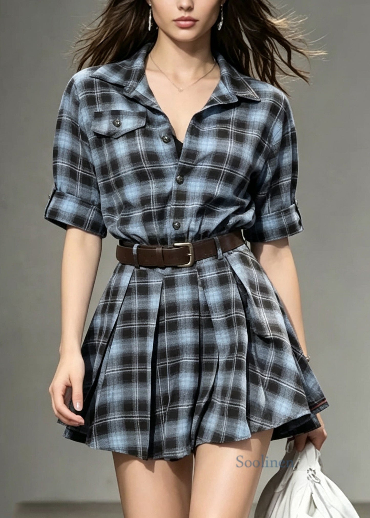 Fashion Peter Pan Collar Plaid Cotton Shirts Dress Summer