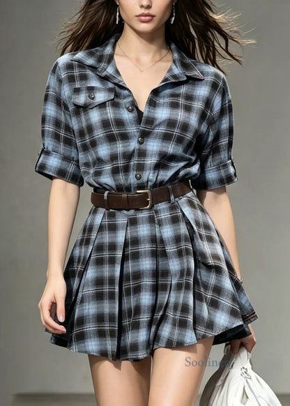 Fashion Peter Pan Collar Plaid Cotton Shirts Dress Summer