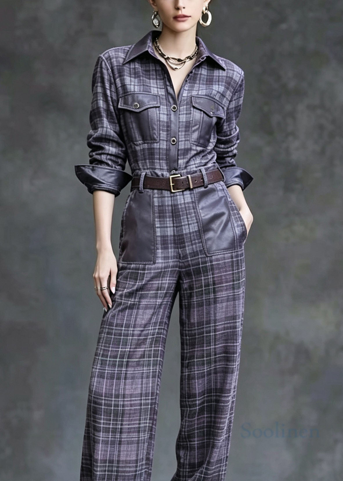 Fashion Peter Pan Collar Plaid Faux Leather Patchwork Cotton Two Pieces Set Fall