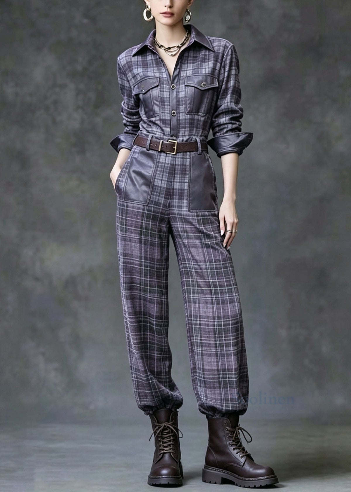 Fashion Peter Pan Collar Plaid Faux Leather Patchwork Cotton Two Pieces Set Fall