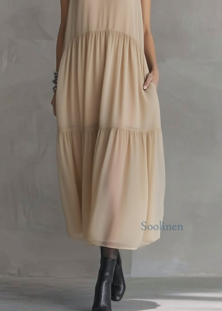 Fashion Peter Pan Collar Wrinkled Patchwork Chiffon Dress Sleeveless
