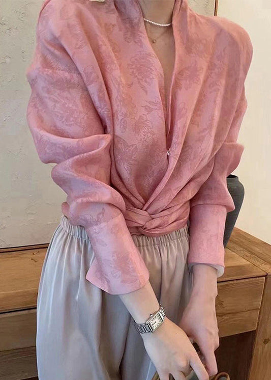 Top de gasa jacquard asimétrico rosa de moda para primavera