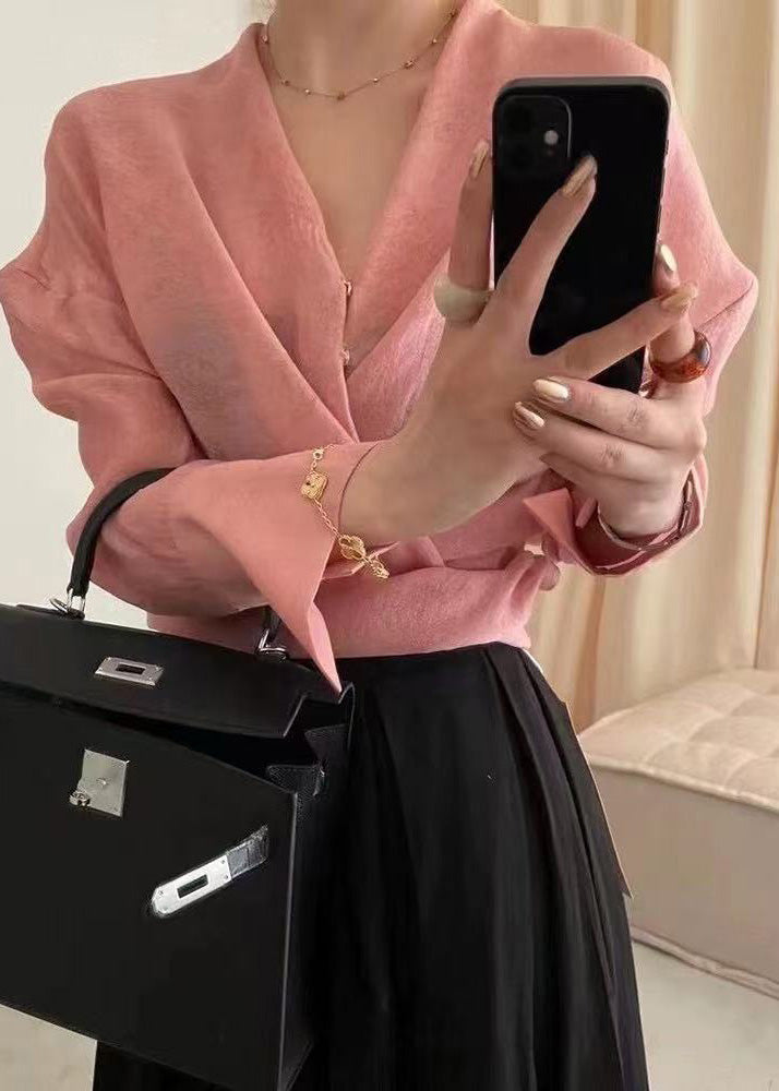 Top de gasa jacquard asimétrico rosa de moda para primavera