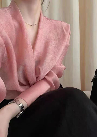 Top de gasa jacquard asimétrico rosa de moda para primavera