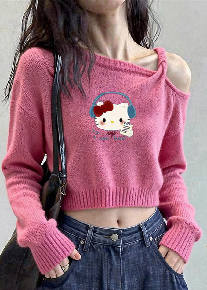 Fashion Pink Cold Shoulder Print Knit Short Sweater Winter