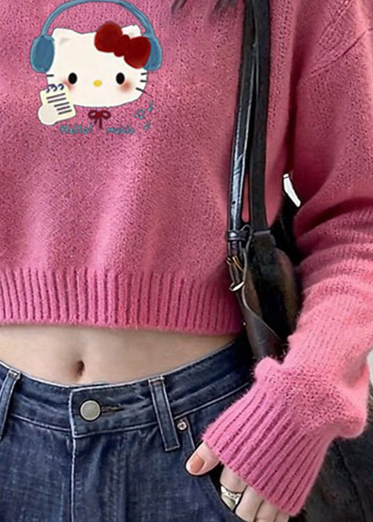 Fashion Pink Cold Shoulder Print Knit Short Sweater Winter