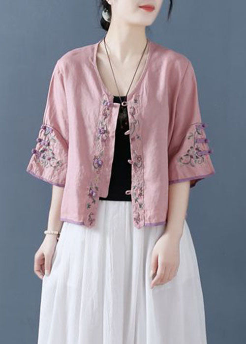Mode Rosa Bestickte Button Shirts Halbarm