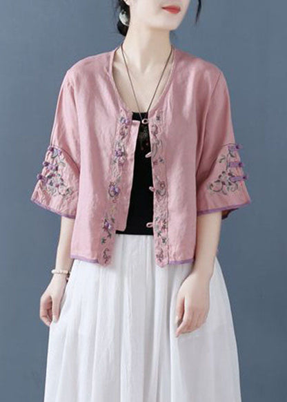 Mode Rosa Bestickte Button Shirts Halbarm