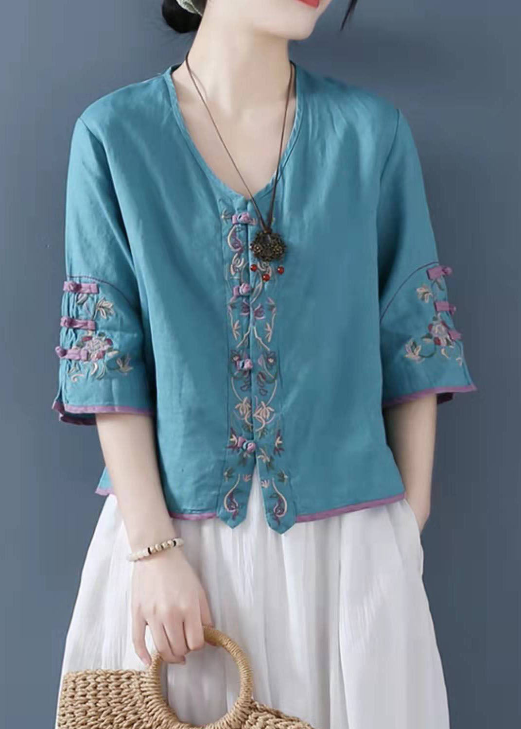 Mode Rosa Bestickte Button Shirts Halbarm