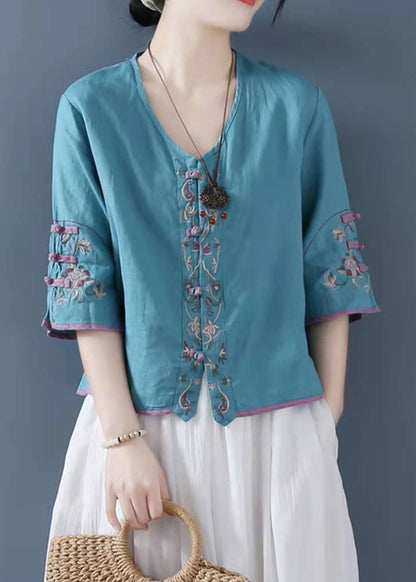 Mode Rosa Bestickte Button Shirts Halbarm