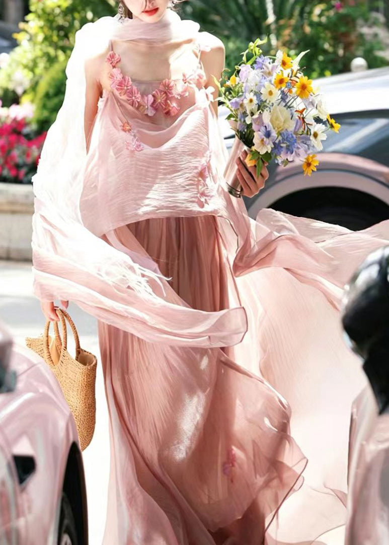 Fashion Pink Floral Chiffon Spaghetti Strap Dress Summer