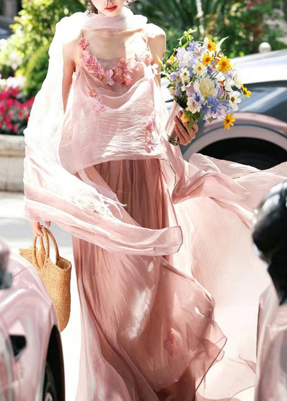 Fashion Pink Floral Chiffon Spaghetti Strap Dress Summer