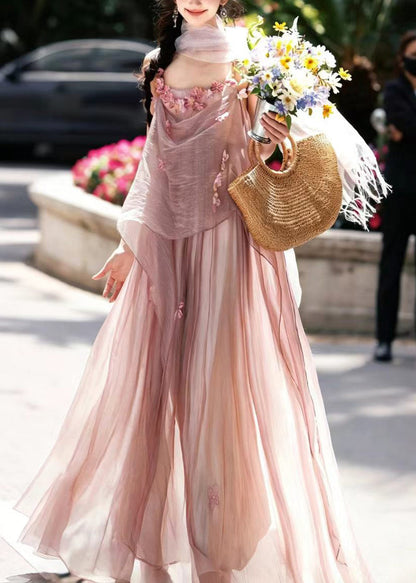 Fashion Pink Floral Chiffon Spaghetti Strap Dress Summer