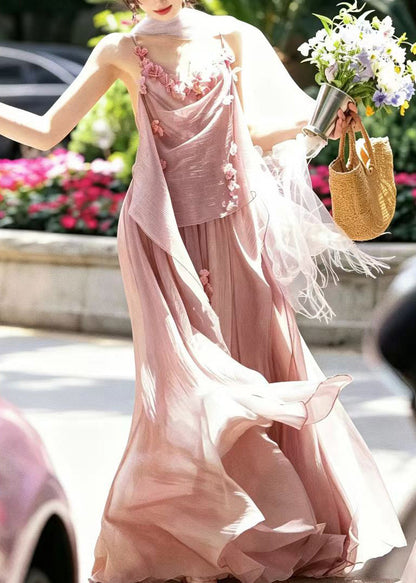 Fashion Pink Floral Chiffon Spaghetti Strap Dress Summer