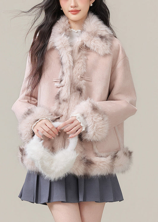 Fashion Pink Fur Collar Pockets Patchwork Warm Fleece Faux Suede Coats Winter