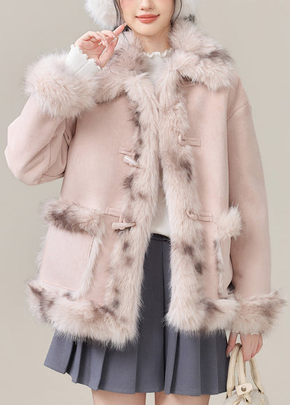 Fashion Pink Fur Collar Pockets Patchwork Warm Fleece Faux Suede Coats Winter