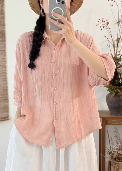Fashion Pink Oversized Wrinkled Cotton Shirt Top Bracelet Sleeve