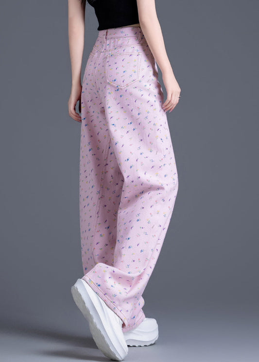Fashion Pink Pockets Print Denim Straight Pants Spring
