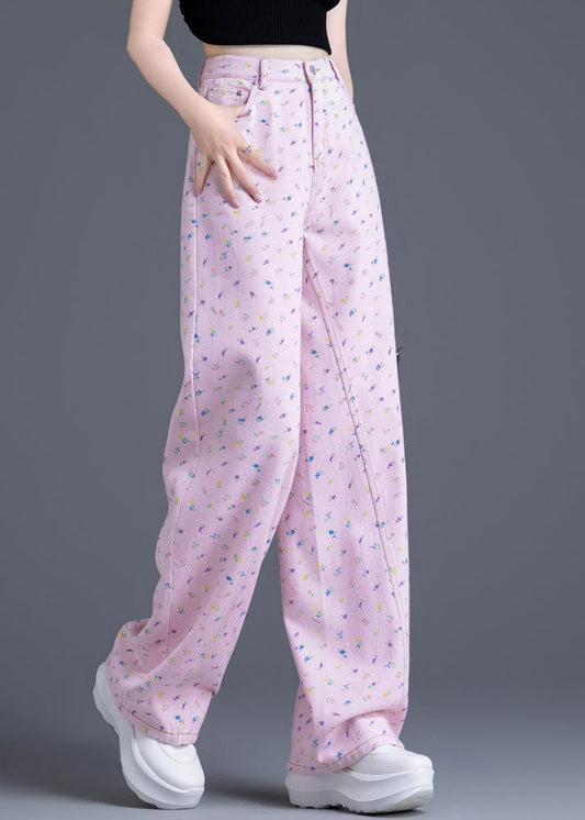 Fashion Pink Pockets Print Denim Straight Pants Spring