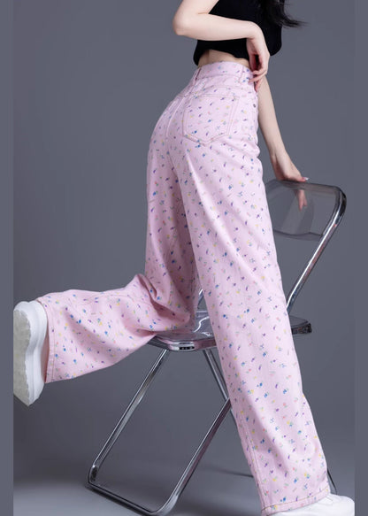 Fashion Pink Pockets Print Denim Straight Pants Spring