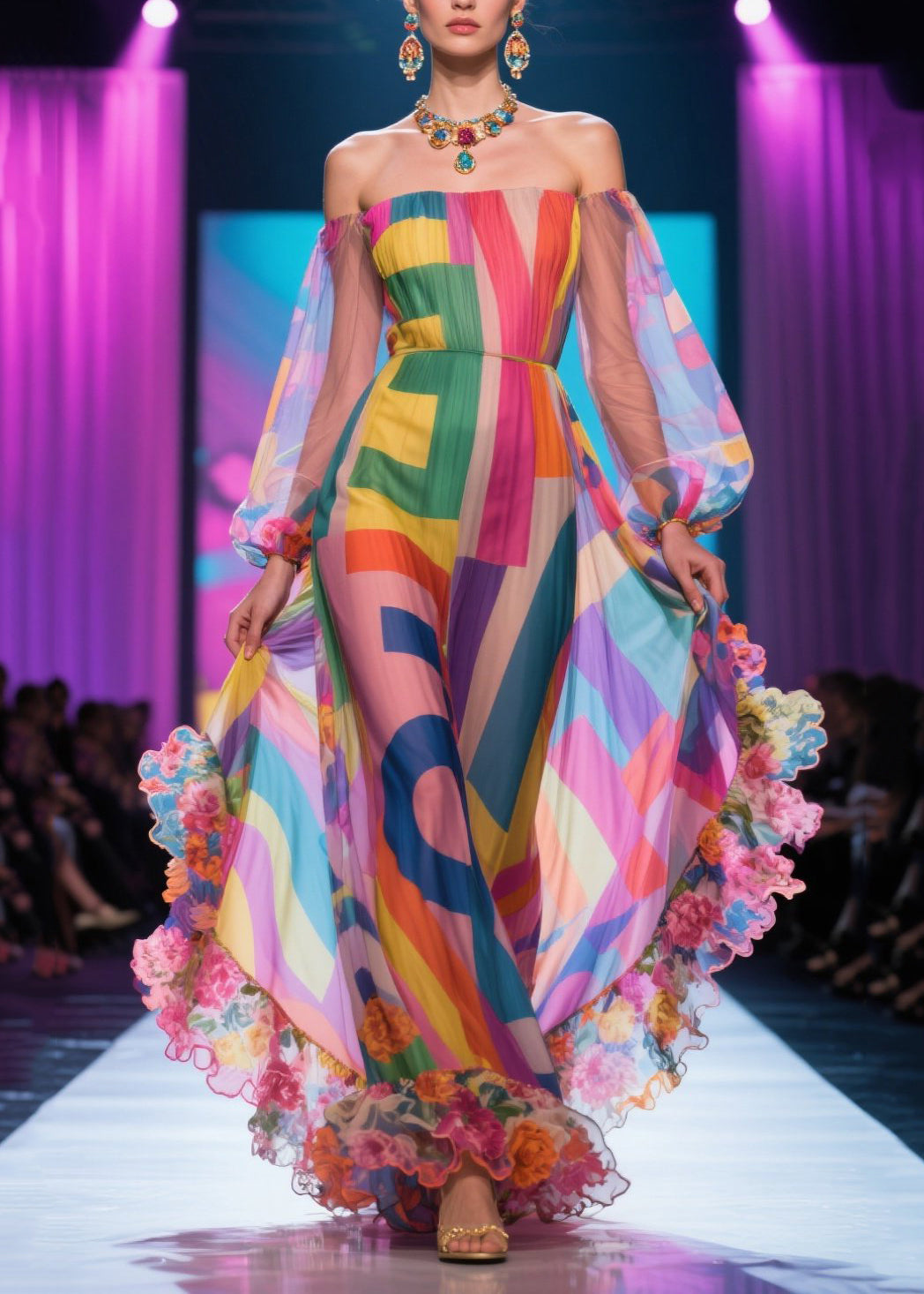 Fashion Pink Print Patchwork Ruffled Chiffon Strapless Dress Summer