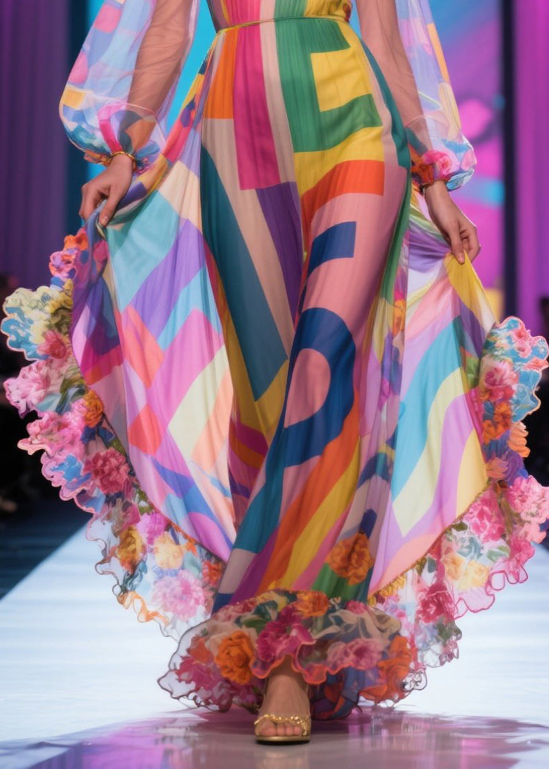 Fashion Pink Print Patchwork Ruffled Chiffon Strapless Dress Summer