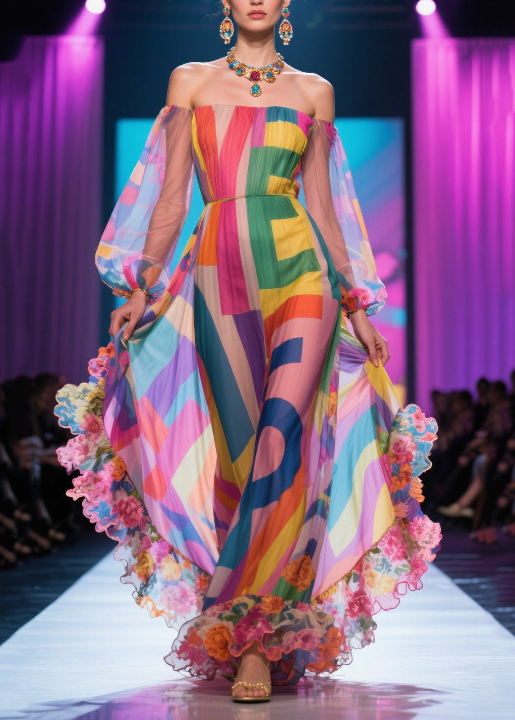 Fashion Pink Print Patchwork Ruffled Chiffon Strapless Dress Summer