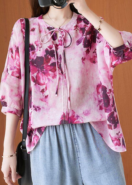 Fashion Pink Print Short Sleeve Summer Cotton Shirt Top - SooLinen