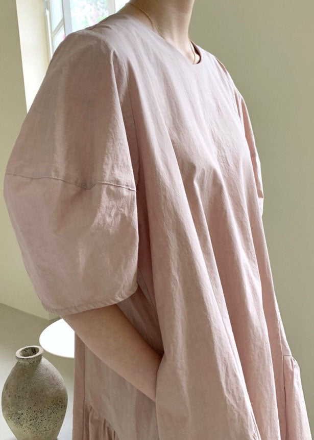 Mode Rosa Puffärmel Patchwork Baumwolle Urlaubskleider Frühling