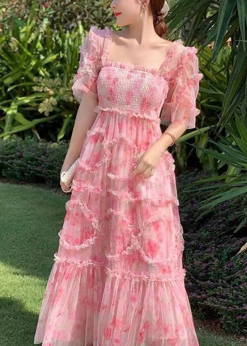 Mode Rosa Rüschen Patchwork Print Tüll Urlaub Kleid Sommer